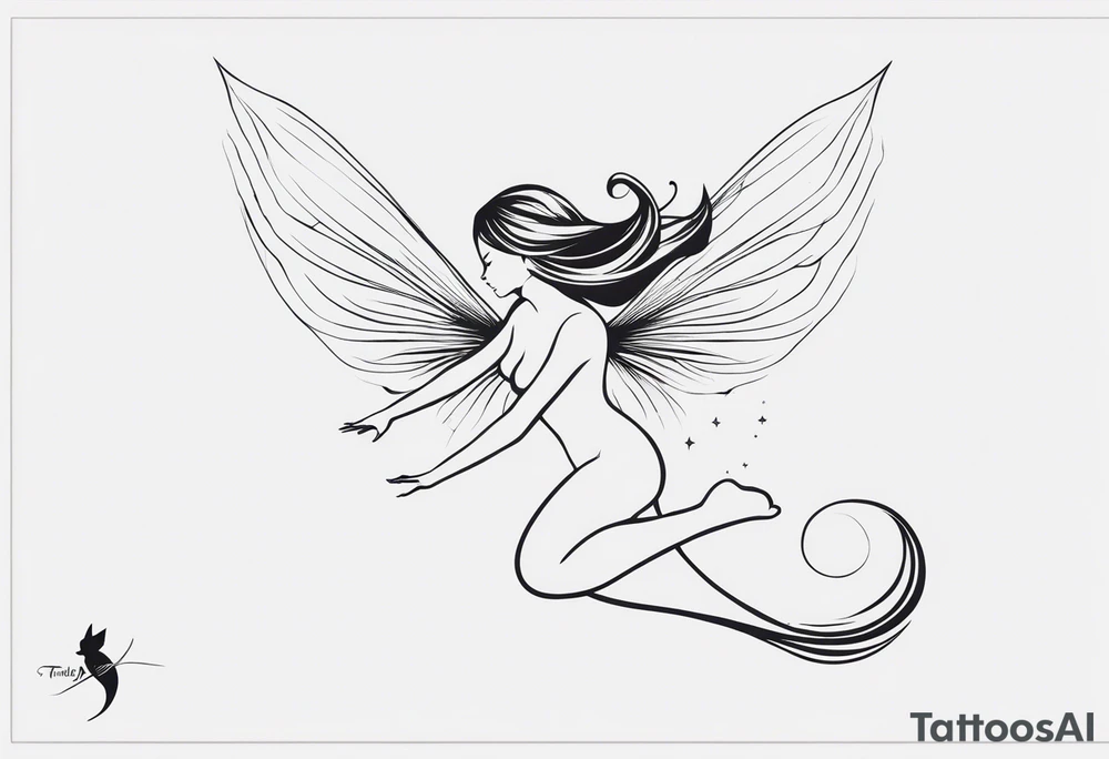 Minimalistic, monochromatic fairy with a tail flying to the left in a fetal position, leaning and looking in the same direction, with visible hands, embodying the 'Fairy Tail' logo aesthetic. tattoo idea