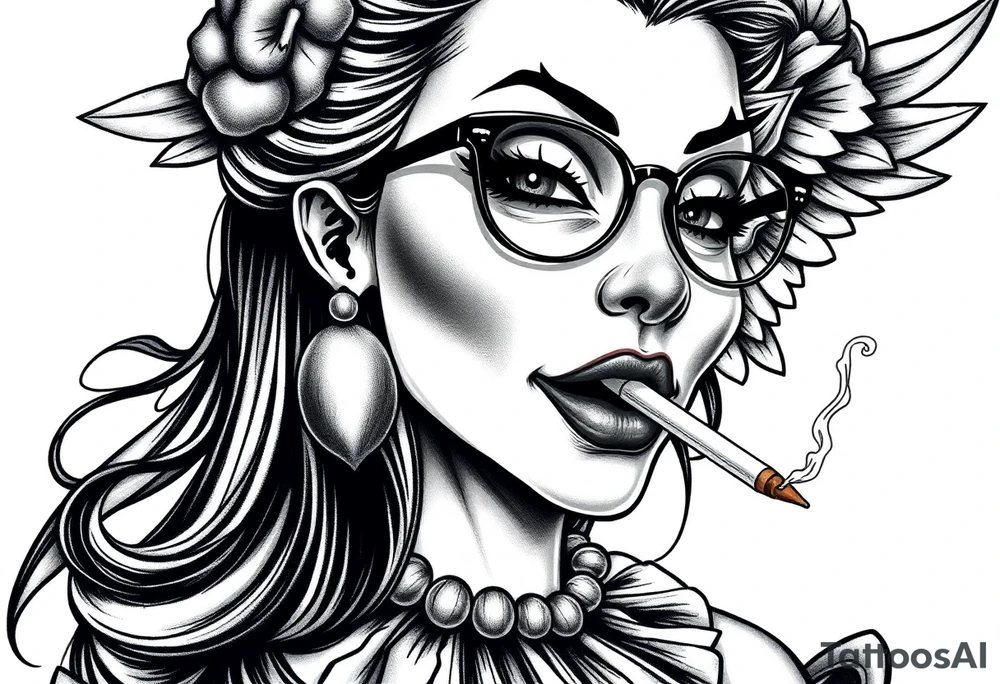 beautiful long hair pin up Clown Girl thug eyeglasses angelic wings smoking a cigarette tattoo idea
