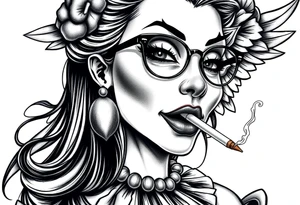 beautiful long hair pin up Clown Girl thug eyeglasses  angelic wings smoking a cigarette tattoo idea