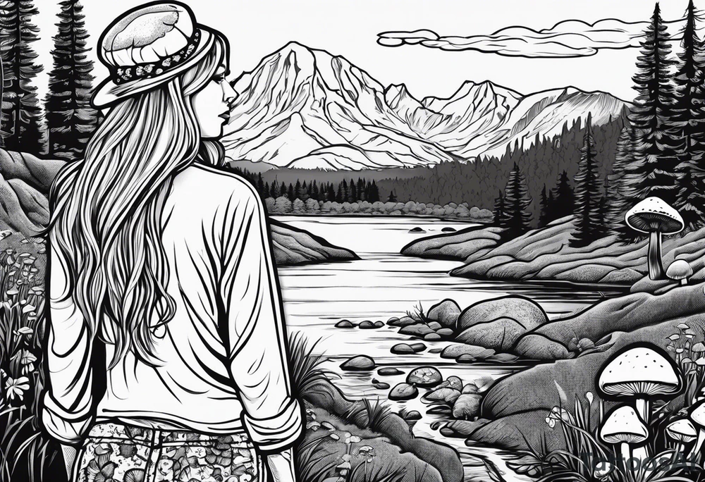 Whole picture encircled fully

Straight long blonde hair hippie girl in distance holding mushrooms in hand facing away toward mountains and creek surrounded by mushrooms long sleeve shirt and hiking pants; whole rendering within a full circle, no cut off circle tattoo idea