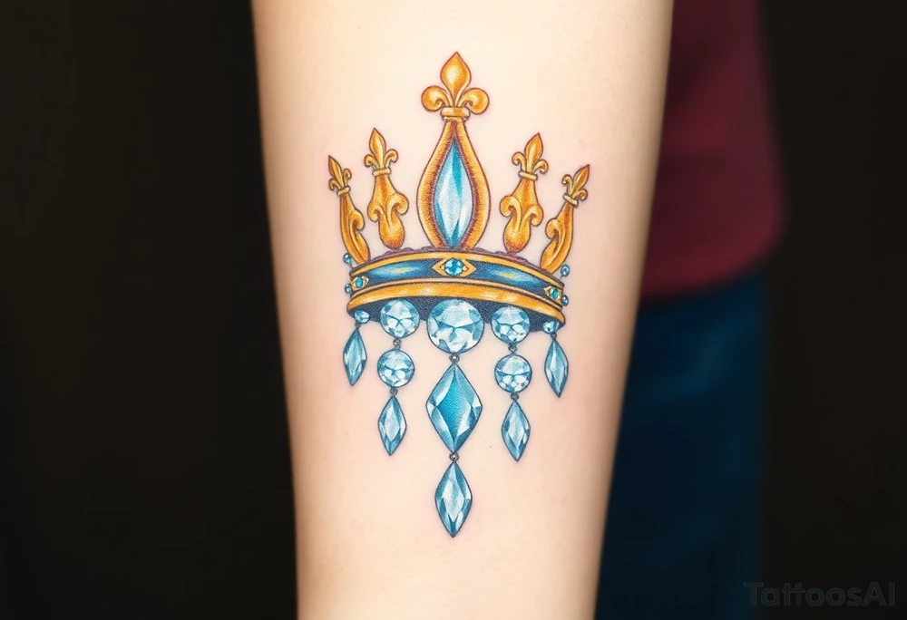 A detailed royal crown with diamonds cascading down as jewels, in golden hues for the crown and white diamonds with light blue reflections for the stones tattoo idea