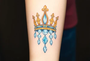 A detailed royal crown with diamonds cascading down as jewels, in golden hues for the crown and white diamonds with light blue reflections for the stones tattoo idea