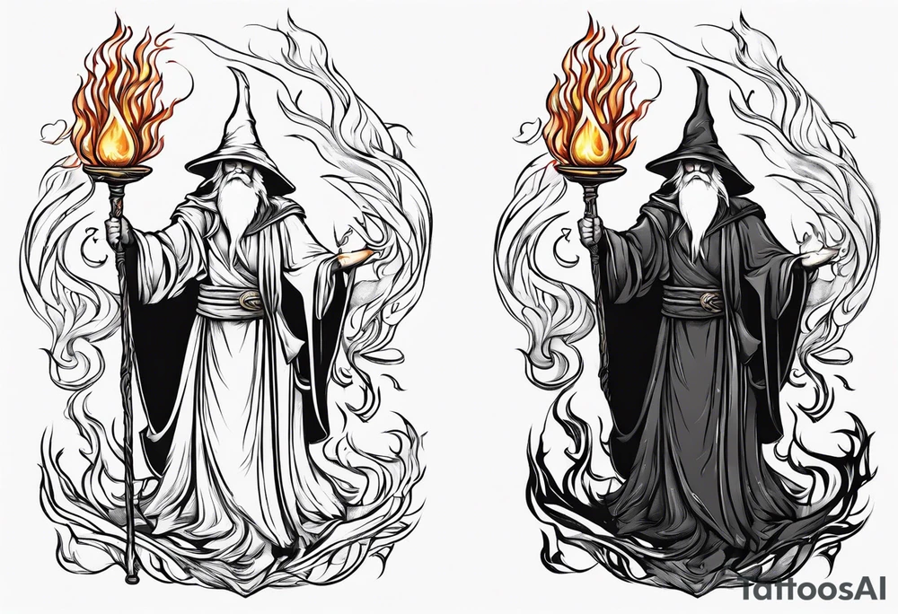 Wizard wrapped in flames and carrying a staff with a shining gem on top tattoo idea