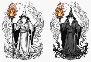 Wizard wrapped in flames and carrying a staff with a shining gem on top tattoo idea