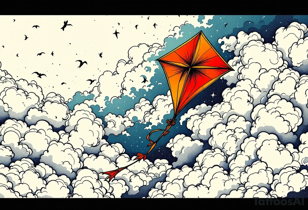 A red and gold kite soaring high over clouds, capturing childlike freedom and joy. tattoo idea