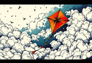 A red and gold kite soaring high over clouds, capturing childlike freedom and joy. tattoo idea