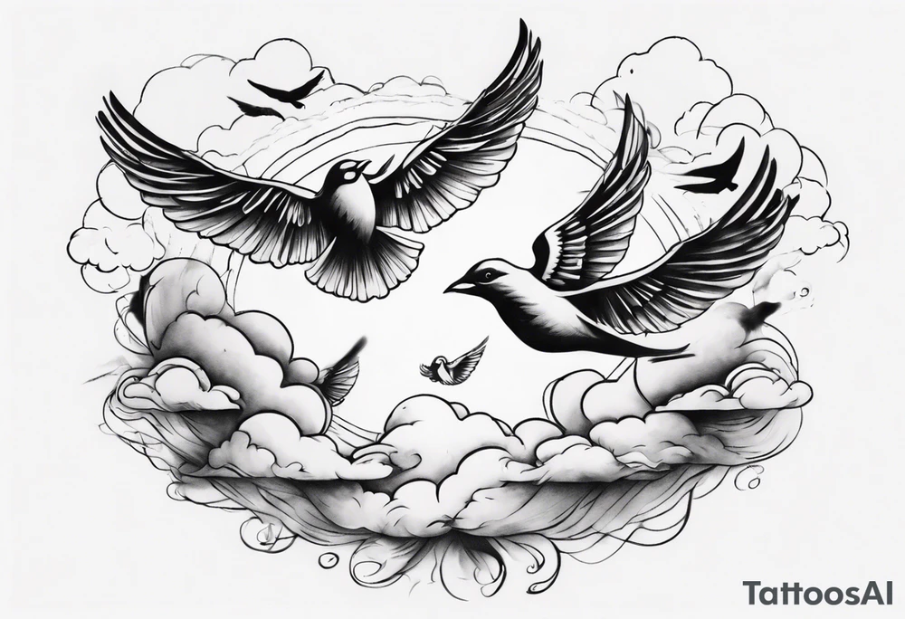 a shoulder tattoo with lots of rays of light in gradient, clouds and birds flying free tattoo idea