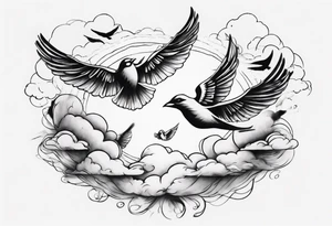 a shoulder tattoo with lots of rays of light in gradient, clouds and birds flying free tattoo idea
