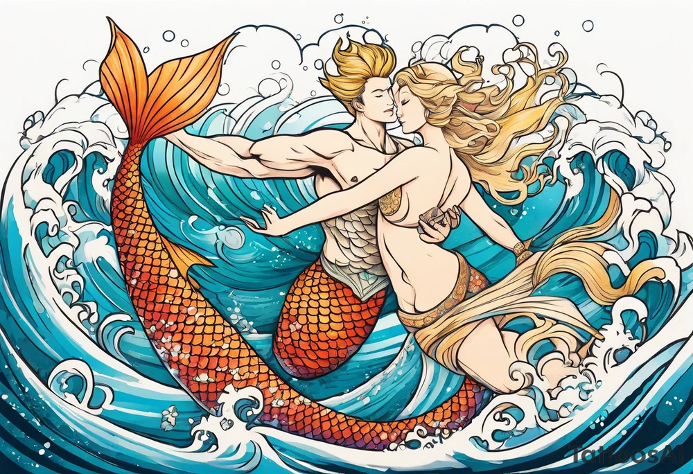 Blond mermaid and merman son frolicking in the ocean tattoo idea