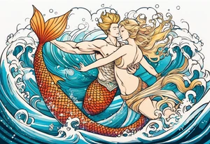 Blond mermaid and merman son frolicking in the ocean tattoo idea