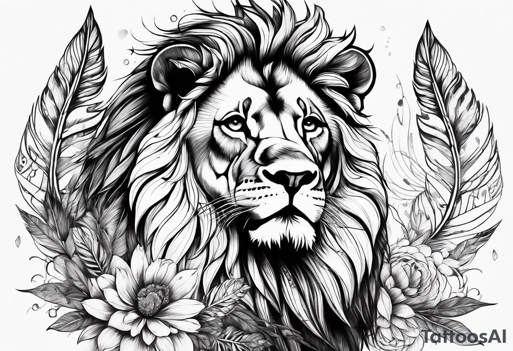 Powerful lion with feathers floral tattoo idea