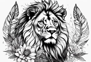 Powerful lion with feathers floral tattoo idea