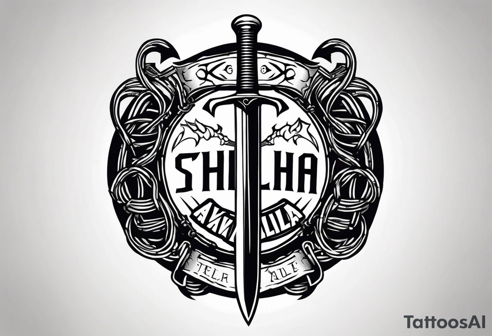 Valhalla sword round shield axe barbed wire chains tattoo idea