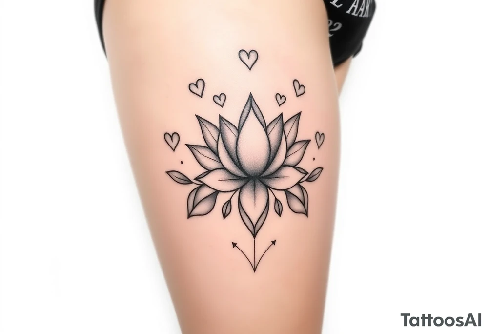 I want a tattoo for my upper thigh, that includes the date, march 30 2021, mom and daughter love that was born at 4:18 am and that includes hearts and the lotus flower and that represents the infinity love of a mother to her baby girl tattoo idea