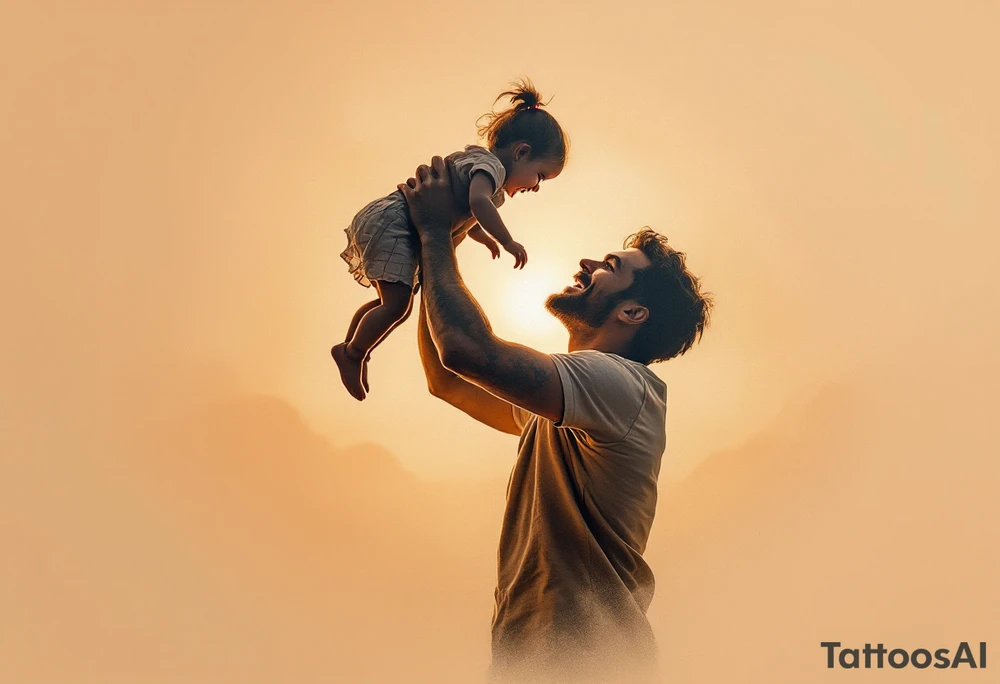 A silhouette of a father holding his baby girl in the air, both smiling, with a soft golden sun backdrop. tattoo idea