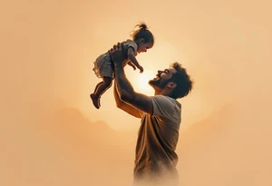 A silhouette of a father holding his baby girl in the air, both smiling, with a soft golden sun backdrop. tattoo idea