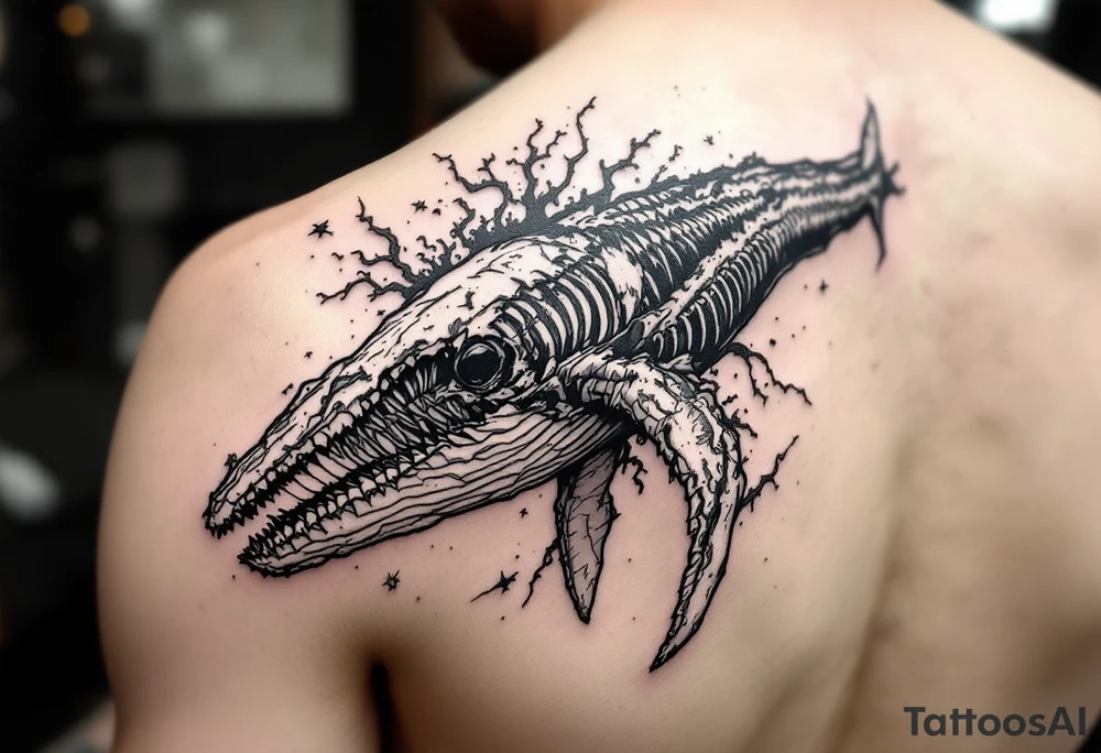 idea is basically a whale that's damaged and torn exposing the skeletal innerts, but it's still fiercely moving forward as hard as it can. generate one with elements of attack on titan and demon slayer and spirited away tattoo idea