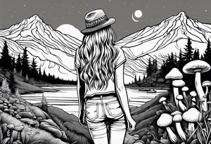 Straight long blonde hair hippie girl in distance holding mushrooms in hand facing away toward mountains and creek surrounded by mushrooms tee shirt hiking pants

Circular picture tattoo idea