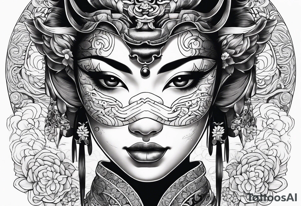 Japenese henya mask split with girl face tattoo idea