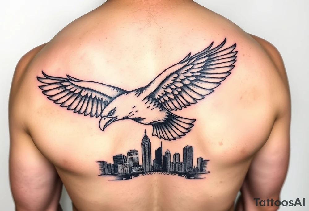 Philadelphia Eagle flying over Philadelphia city skyline faded with a Go Birds under it tattoo idea