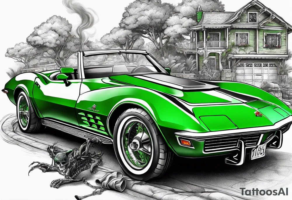 Skeleton smoking a cigarette driving a green 1976 convertible Corvette tattoo idea