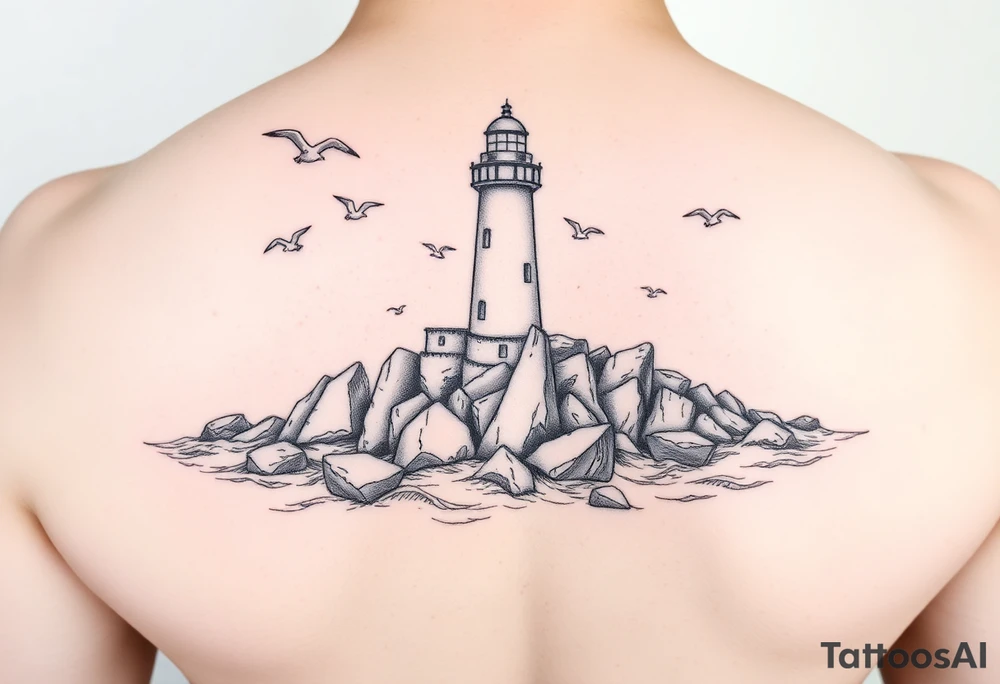 Lighthouse surrounded by boulders in the sea with high waves and seagulls flying around tattoo idea