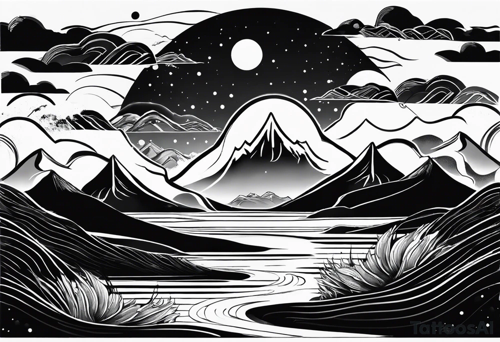 A moon that Drips at the bottom Surrounded by Mountains and waves. tattoo idea