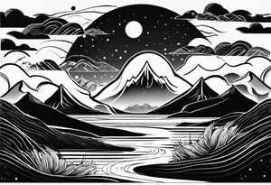 A moon that Drips at the bottom Surrounded by Mountains and waves. tattoo idea