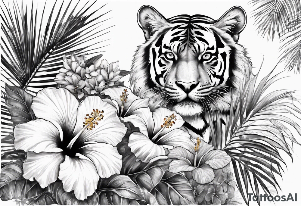 Hibiscus is very tropical with palm trees, tiger, surrounded with flowers water tattoo idea