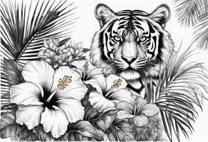Hibiscus is very tropical with palm trees, tiger, surrounded with flowers water tattoo idea