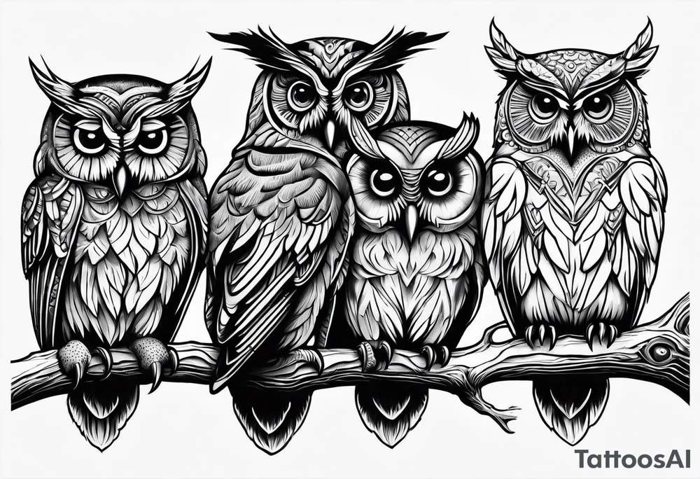 Hear no evil, see no evil, speak no evil owls on branch tattoo idea