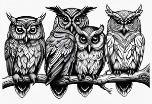 Hear no evil, see no evil, speak no evil owls on branch tattoo idea