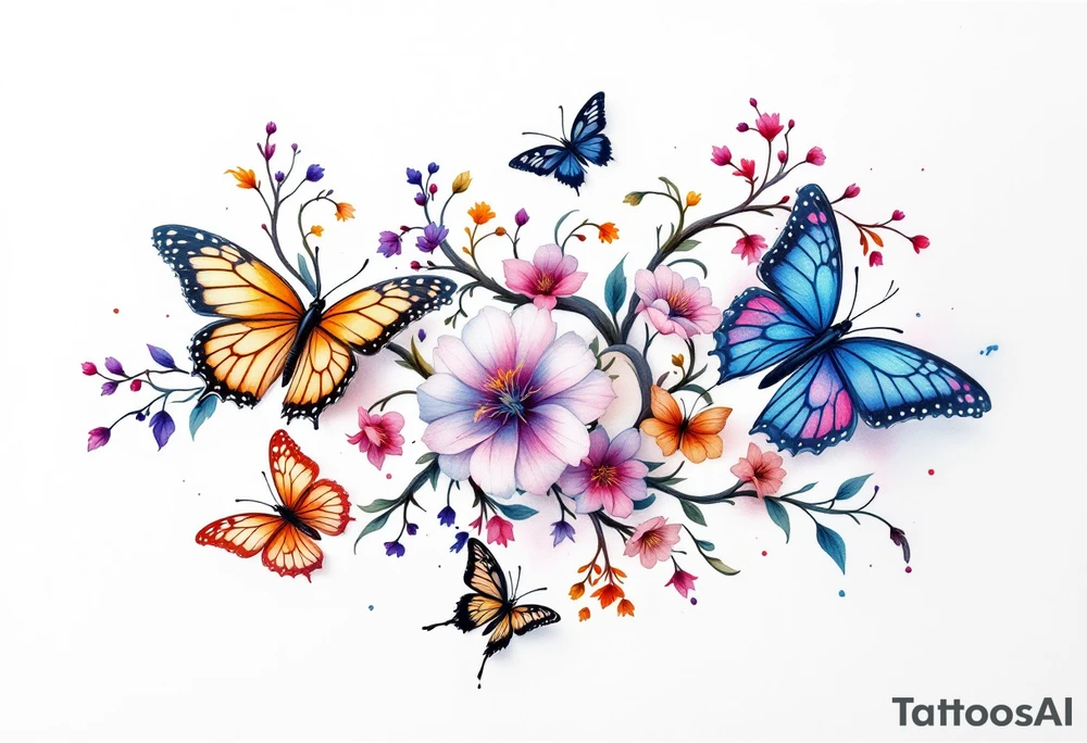 Colorful butterflies and vines tattoo idea