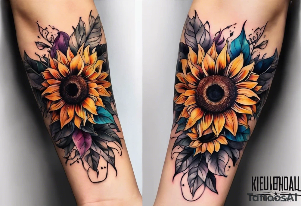 Colorful sunflower arm sleeve tattoo idea