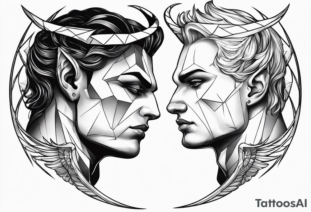 engel and devil look at each other from top and bottom, realistic tattoo idea