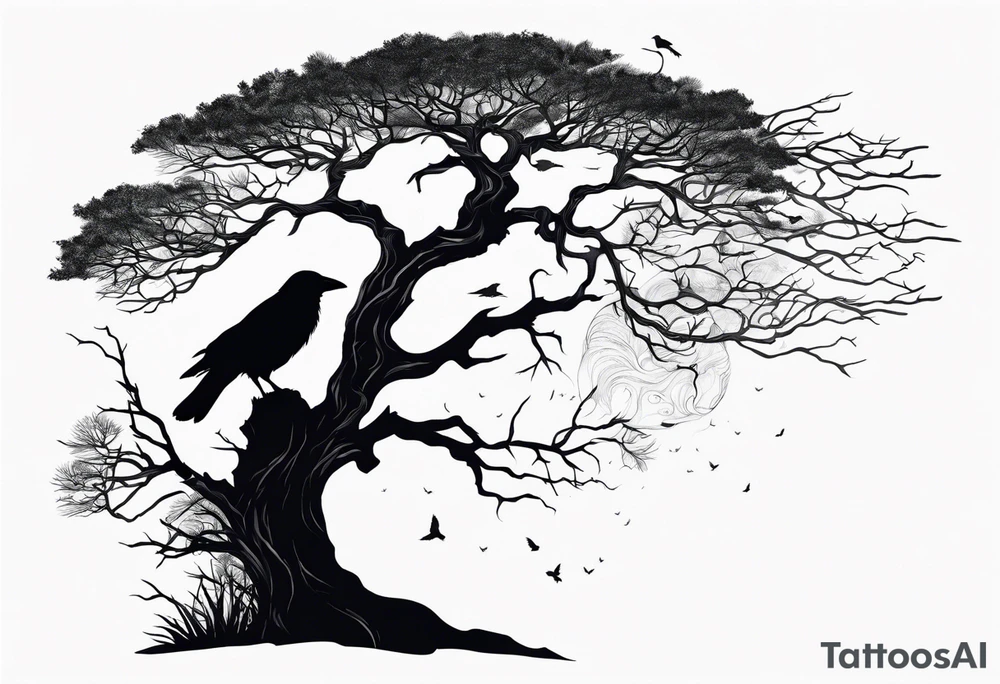 dead tree forming the silhouette of a hooded crow tattoo idea