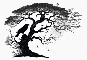 dead tree forming the silhouette of a hooded crow tattoo idea