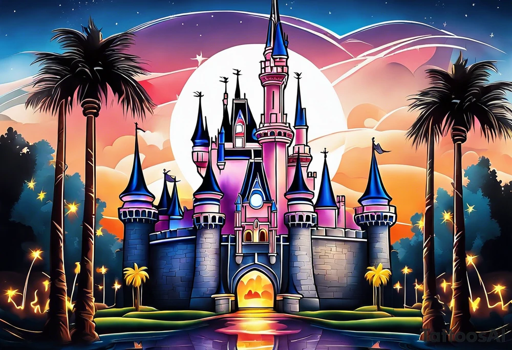disney castle with lightning palm trees and a mickey mouse tattoo idea disney castle with lightning palm trees and a mickey mouse tattoo idea