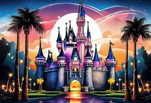 disney castle with lightning palm trees and a mickey mouse tattoo idea