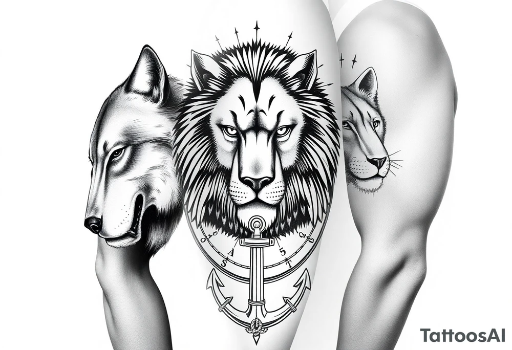 wolf, bear, lion, surrounded by a broken old school compass with a rope and anchor on the bottom tattoo idea