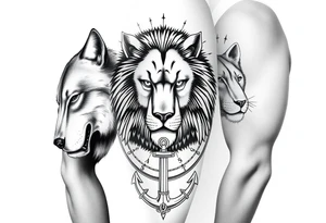 wolf, bear, lion, surrounded by a broken old school compass with a rope and anchor on the bottom tattoo idea