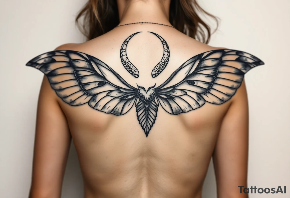 A powerful extremely sexy depiction of a start date with angel wings resembling that of a lunar moth and horns resembling the moths antennas with the son of of her head as if a Halo with two crescent men's off to each side full frontal nude with exotic see through lingerie tattoo idea