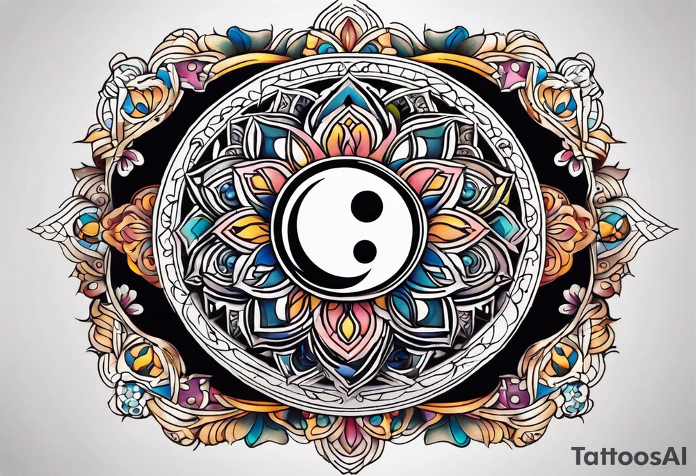 Mandala tattoo that incorporates yin and yang and music tattoo idea