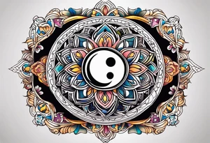 Mandala tattoo that incorporates yin and yang and music tattoo idea
