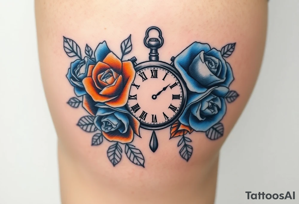 Blue and orange roses with a clock and name placeholder on the thigh tattoo idea