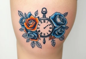 Blue and orange roses with a clock and name placeholder on the thigh tattoo idea