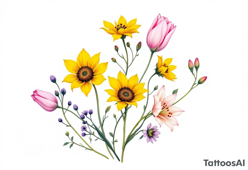 Small yellow sunflowers and simple stargazer Lilly in pale pink and pale purple tulip buds in a dainty wildflower bouquet with light green stems. No outlines on the flowers. Include feminine stem lines. tattoo idea