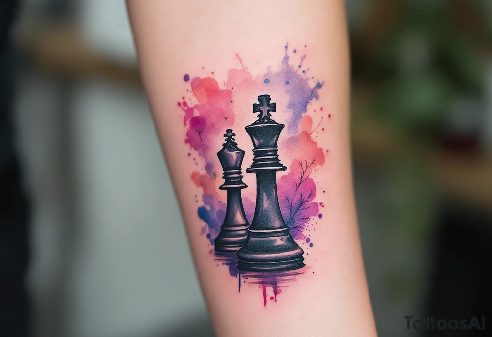 A soft watercolor blend of purples and reds behind a black ink king and queen chess piece. tattoo idea