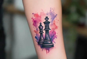 A soft watercolor blend of purples and reds behind a black ink king and queen chess piece. tattoo idea