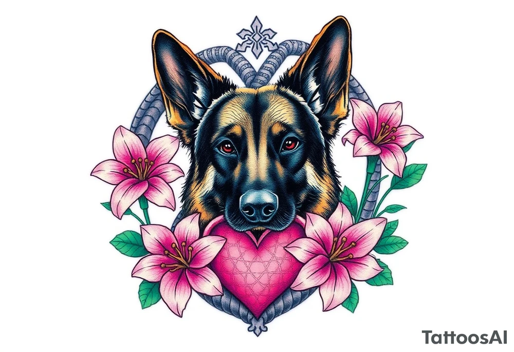 realistic german shepherd with alert ears looking protective surrounded by pink lilies with leaves in front of a serpent sacred heart tattoo idea